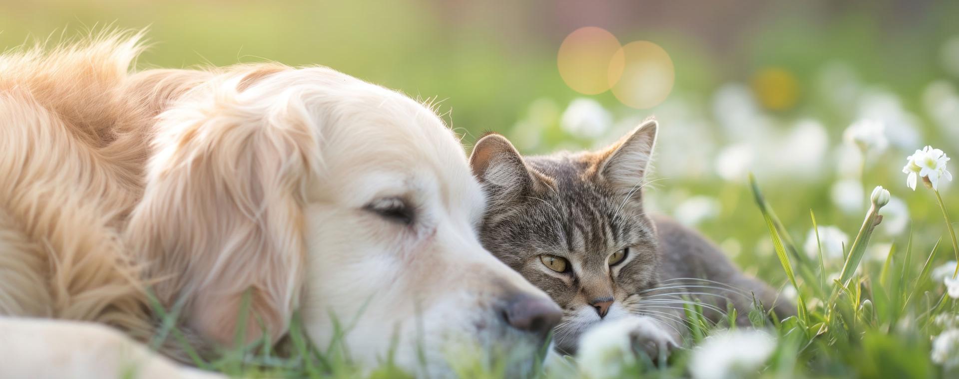 Dog and cat sleeping peacefully together on grass
